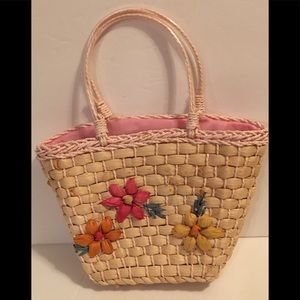 Girls Straw Purse Easter Flowers Pink Satin Lined